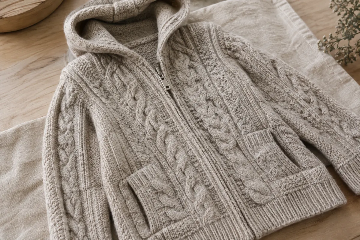 Cardigan à capuche en mérinos torsadé présenté sur du lin naturel et du bois clair