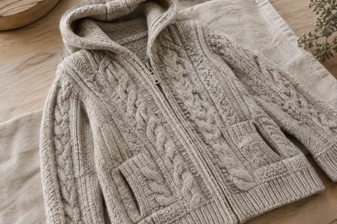 Cardigan à capuche en mérinos torsadé présenté sur du lin naturel et du bois clair