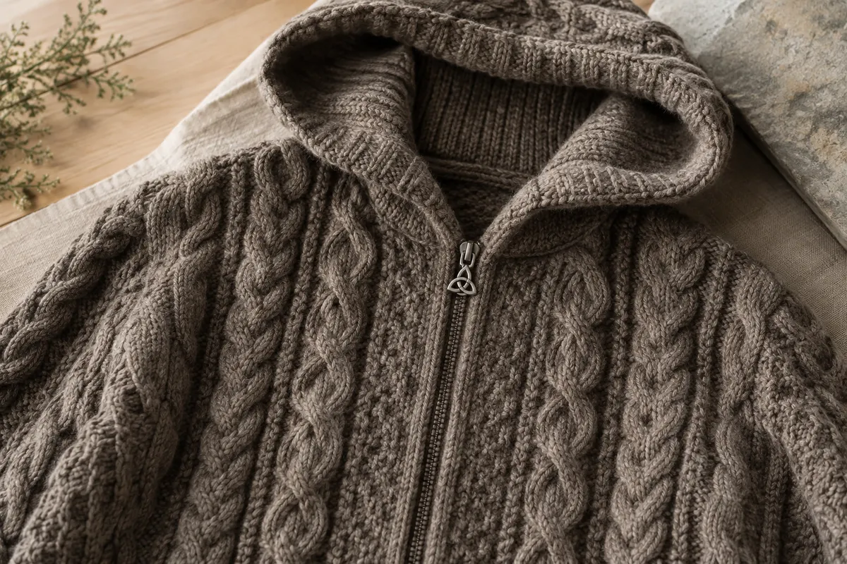 Cardigan zippé à capuche en laine mérinos, avec torsades Aran et tirette argentée, posé sur du lin naturel.