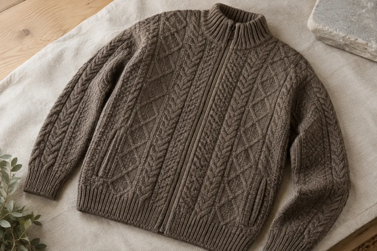 Cardigan zippé en laine mérinos à maille Aran, col montant et poches latérales, présenté à plat.