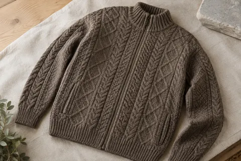 Cardigan zippé en laine mérinos à maille Aran, col montant et poches latérales, présenté à plat.