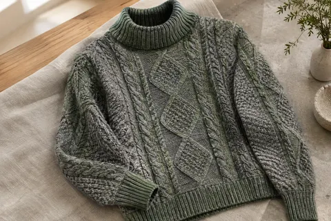 Pull gris et vert en mérinos avec col entonnoir côtelé et motifs Aran en relief, posé sur du lin.