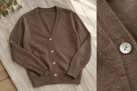 Cardigan femme en laine mérinos à col V, présenté à plat avec boutons coquillage et finitions côtelées.