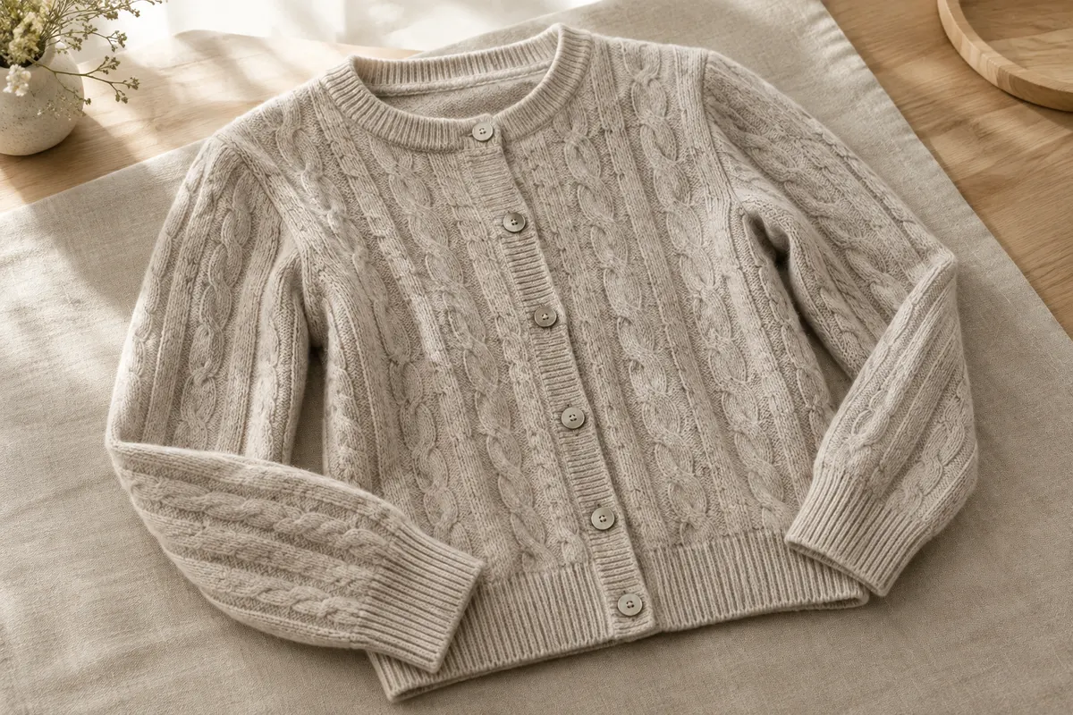 Cardigan femme en mérinos à maille torsadée, col rond, boutons et finitions côtelées
