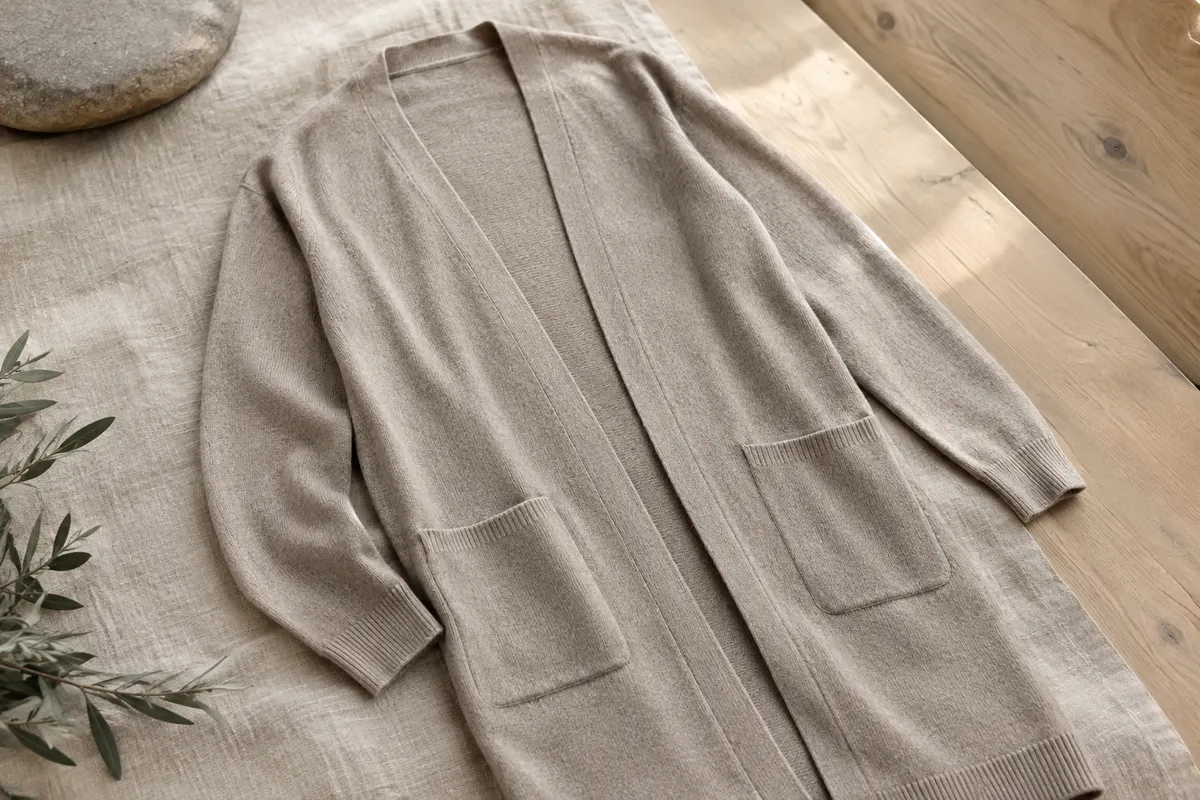 Cardigan long en laine mérinos présenté ouvert sur du lin, avec deux poches et une maille fine
