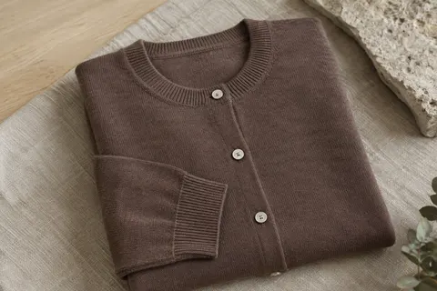 Cardigan en mérinos à col rond et boutons en coquille naturelle présenté sur du lin près de bois clair.