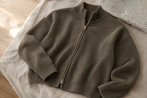 Cardigan zippé en laine mérinos posé sur du lin, avec maille tricotée et finitions côtelées visibles.