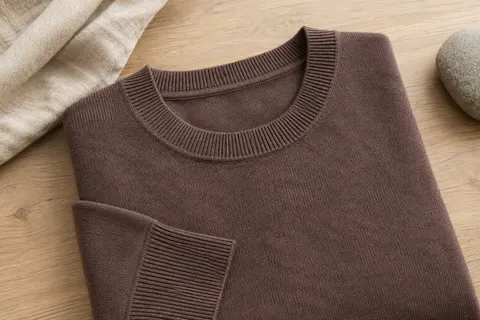 Pull femme à col rond en maille fine de laine mérinos, présenté sur du bois clair et du lin naturel.