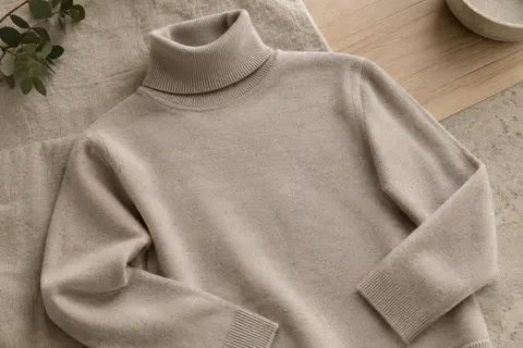 Pull femme en mérinos à col roulé présenté à plat, avec sa maille fine et ses manches longues visibles