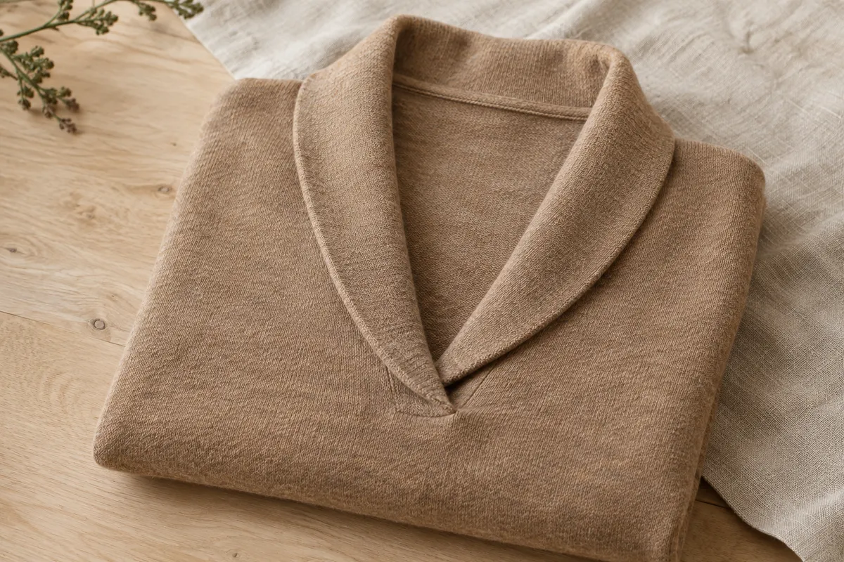 Pull femme en mérinos camel chiné à col châle en V, posé sur du bois clair et du lin naturel