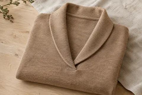 Pull femme en mérinos camel chiné à col châle en V, posé sur du bois clair et du lin naturel