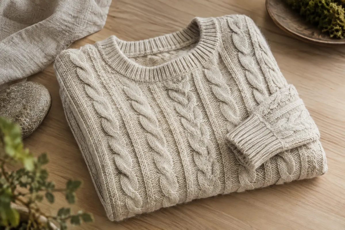 Pull femme en laine mérinos à col rond et maille torsadée, présenté sur du bois clair et du lin naturel