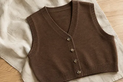 Pull sans manches court en mérinos café, col V boutonné et ourlet côtelé, posé sur du lin naturel