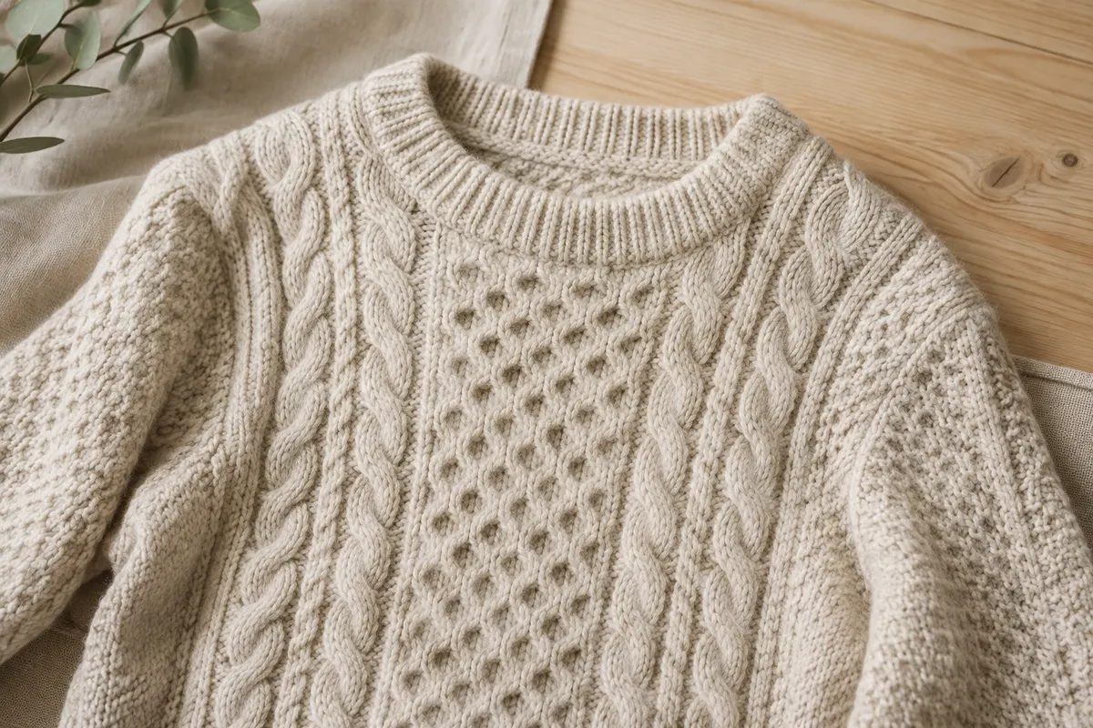 Pull Arrington en mérinos à col rond, présenté à plat avec ses torsades Aran et son motif en nid d’abeille.