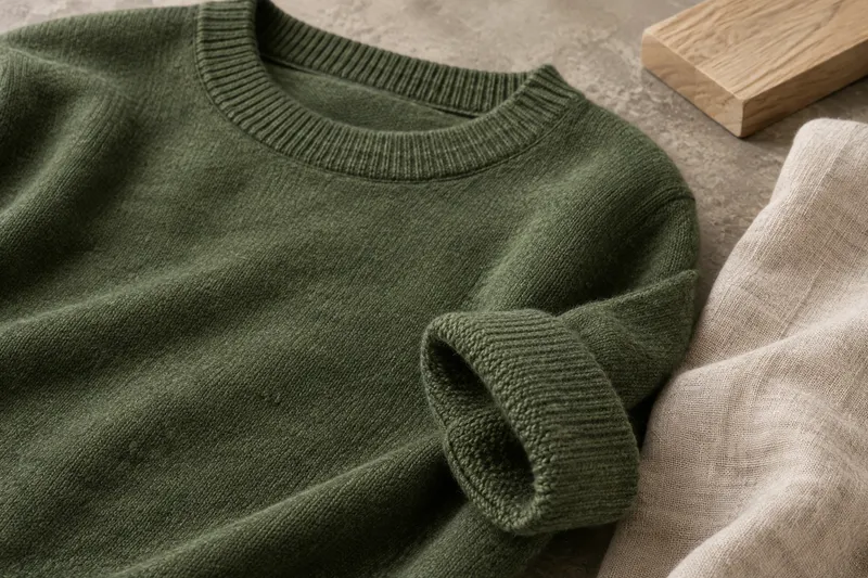 Détail de maille et de finitions sur un pull et un cardigan en mérinos