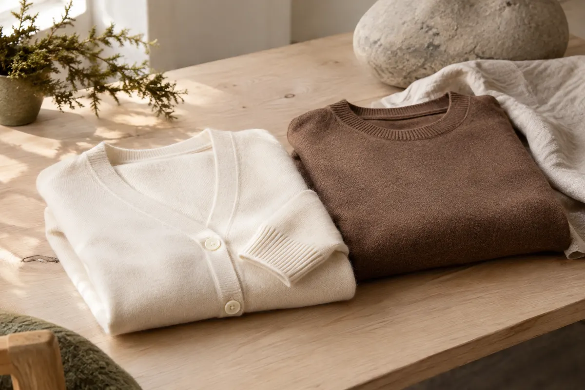 Pull en mérinos crème et cardigan prune présentés sur du bois clair et du lin naturel